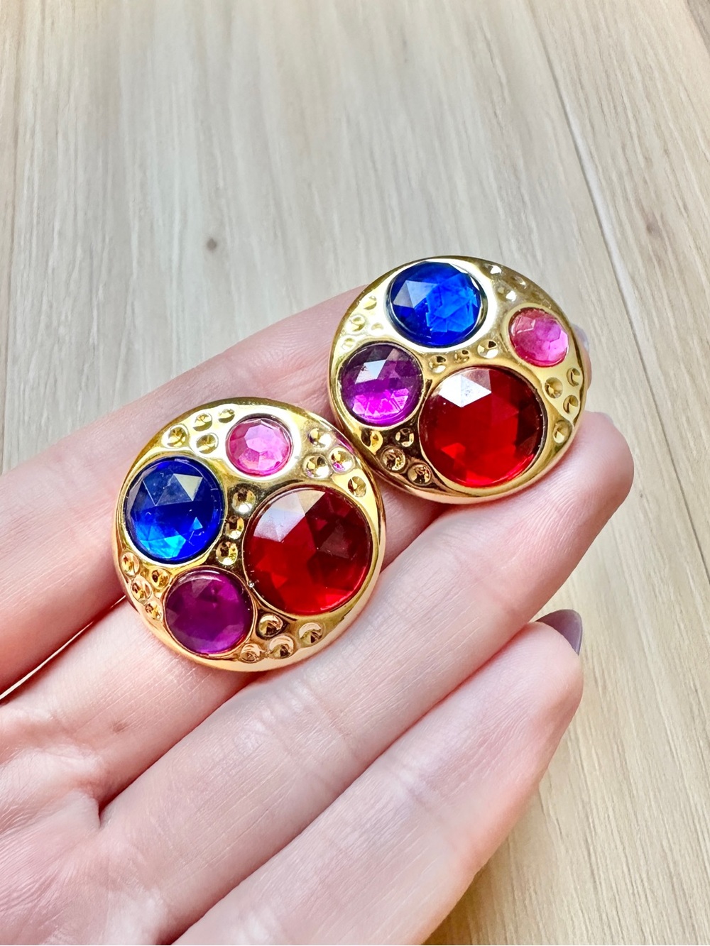 Vintage Large Gold Multicolored Jewels Stud Earrings 80s Maximalist Chunky